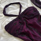 Vintage Dark Purple Halter-Neck Beaded Ruffled Charming Prom Dress Prom Dress