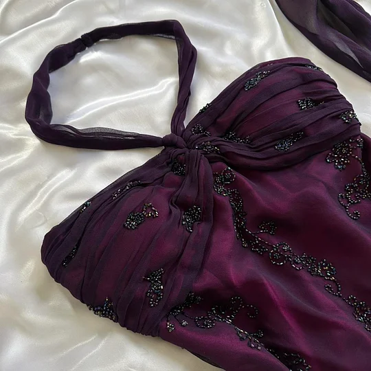 Vintage Dark Purple Halter-Neck Beaded Ruffled Charming Prom Dress Prom Dress