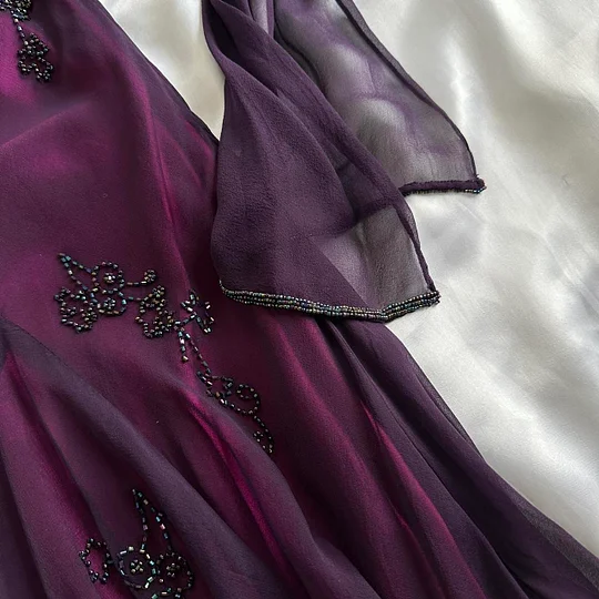 Vintage Dark Purple Halter-Neck Beaded Ruffled Charming Prom Dress Prom Dress