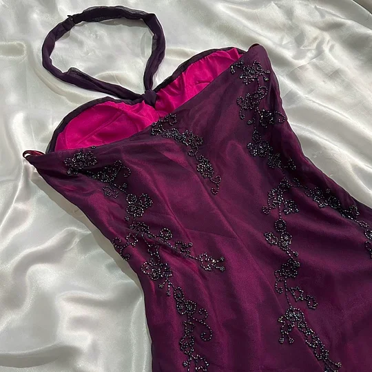 Vintage Dark Purple Halter-Neck Beaded Ruffled Charming Prom Dress Prom Dress