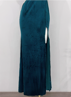 Vintage Deep Peacock Blue Mermaid V-Neck Pearl Slit Velvet Long Prom Dresses Evening Dresses