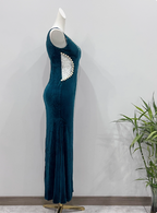 Vintage Deep Peacock Blue Mermaid V-Neck Pearl Slit Velvet Long Prom Dresses Evening Dresses