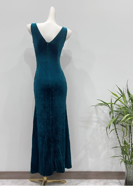 Vintage Deep Peacock Blue Mermaid V-Neck Pearl Slit Velvet Long Prom Dresses Evening Dresses