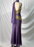 Vintage Deep Purple Gold Lace Thin Strap V-Neck Chiffon Long Prom Dresses Evening Dresses