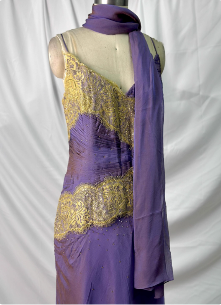 Vintage Deep Purple Gold Lace Thin Strap V-Neck Chiffon Long Prom Dresses Evening Dresses