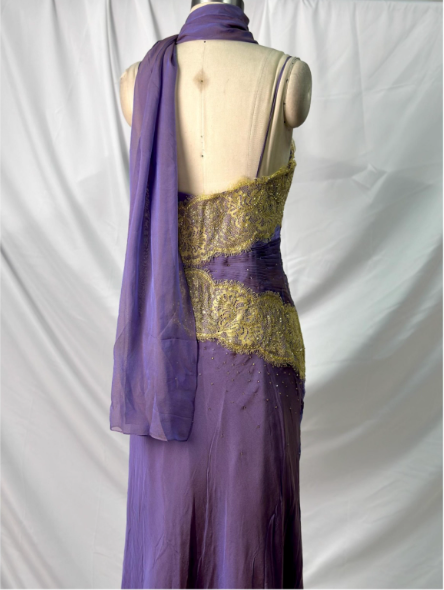Vintage Deep Purple Gold Lace Thin Strap V-Neck Chiffon Long Prom Dresses Evening Dresses