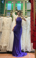 Vintage Deep Purple Mermaid Halter Neck Backless Beaded Chiffon Prom Dresses Evening Dresses