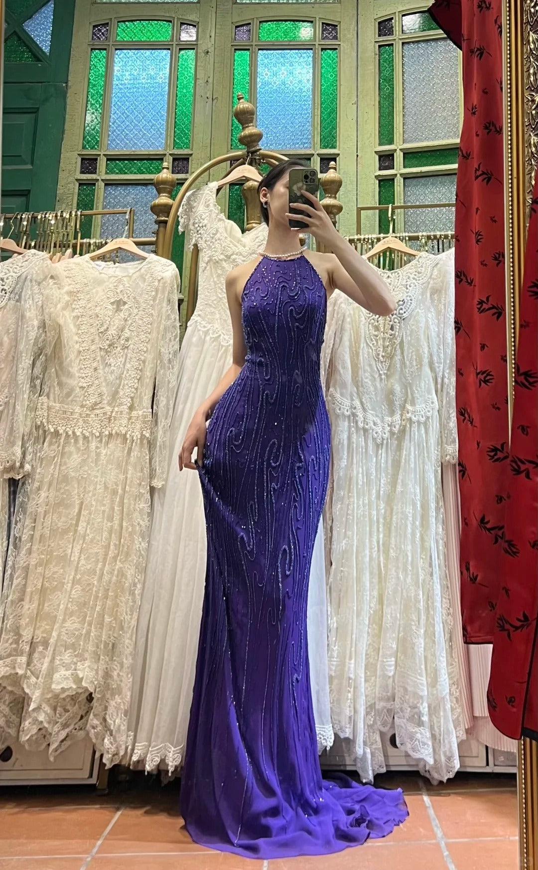 Vintage Deep Purple Mermaid Halter Neck Backless Beaded Chiffon Prom Dresses Evening Dresses
