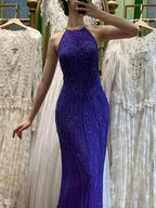Vintage Deep Purple Mermaid Halter Neck Backless Beaded Chiffon Prom Dresses Evening Dresses