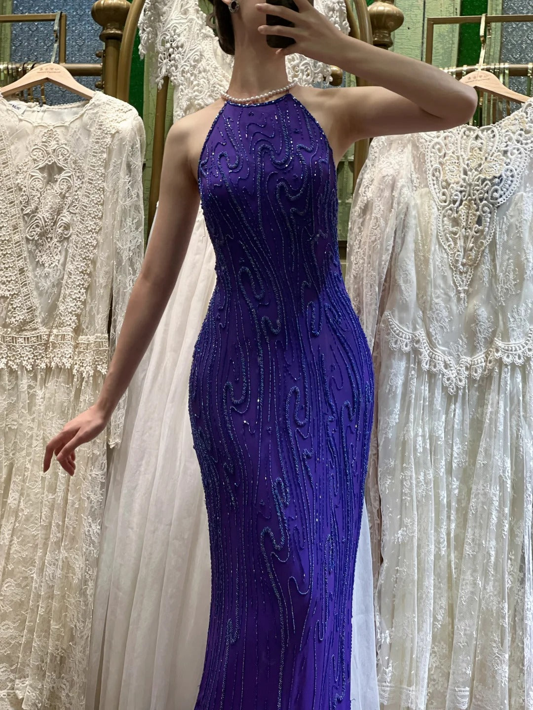 Vintage Deep Purple Mermaid Halter Neck Backless Beaded Chiffon Prom Dresses Evening Dresses