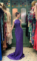 Vintage Deep Purple Mermaid Halter Neck Backless Beaded Chiffon Prom Dresses Evening Dresses