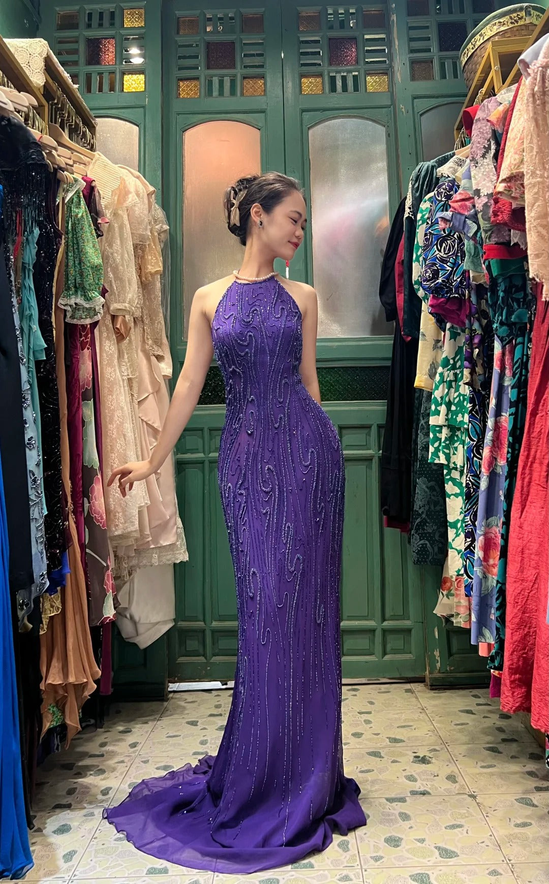 Vintage Deep Purple Mermaid Halter Neck Backless Beaded Chiffon Prom Dresses Evening Dresses