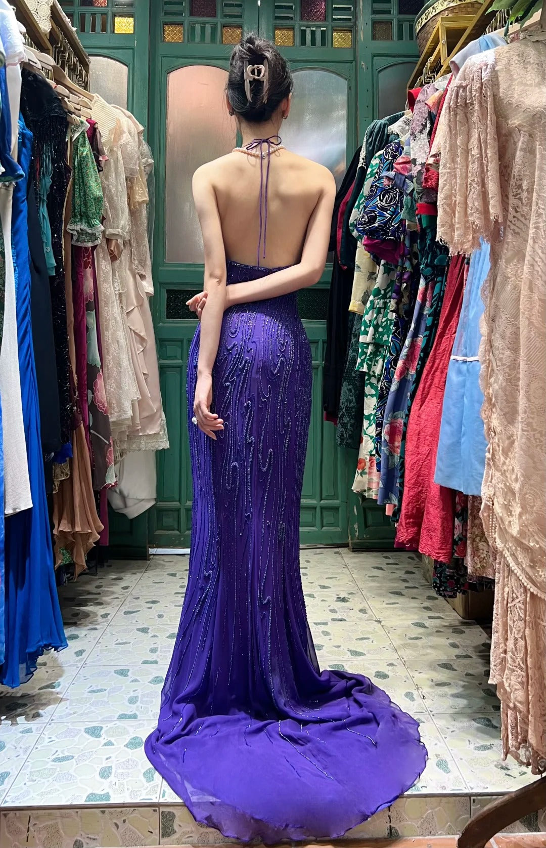 Vintage Deep Purple Mermaid Halter Neck Backless Beaded Chiffon Prom Dresses Evening Dresses