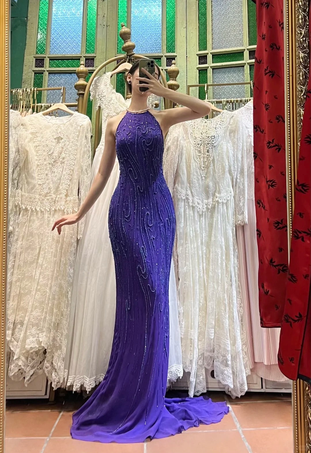 Vintage Deep Purple Mermaid Halter Neck Backless Beaded Chiffon Prom Dresses Evening Dresses Main image
