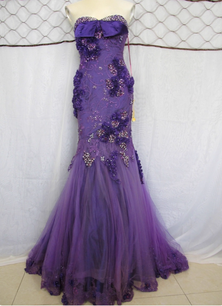 Vintage Deep Purple Mermaid Strapless 3D Floral Beaded Tulle Long Prom Dresses Evening Dresses Main image