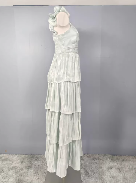 Vintage Dusty Sage A-Line V-Neck Satin Tiered Long Prom Dresses Evening Dresses Secondary image