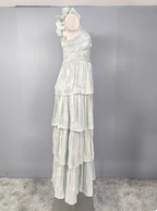 Vintage Dusty Sage A-Line V-Neck Satin Tiered Long Prom Dresses Evening Dresses