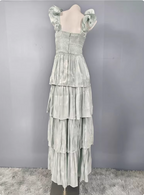 Vintage Dusty Sage A-Line V-Neck Satin Tiered Long Prom Dresses Evening Dresses
