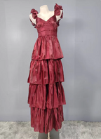 Vintage Dusty Sage A-Line V-Neck Satin Tiered Long Prom Dresses Evening Dresses