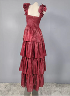 Vintage Dusty Sage A-Line V-Neck Satin Tiered Long Prom Dresses Evening Dresses