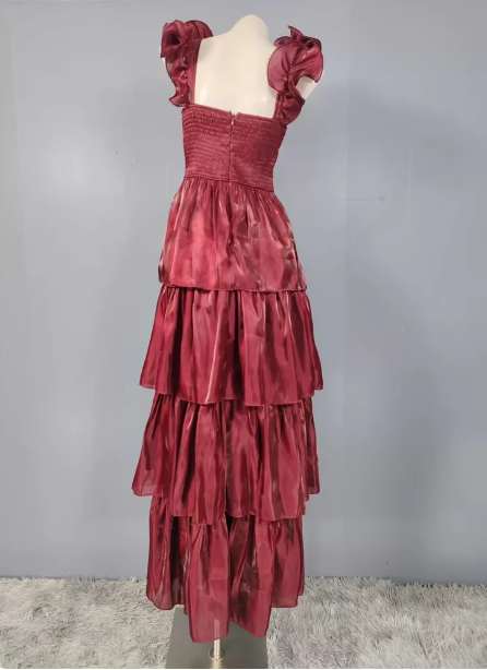Vintage Dusty Sage A-Line V-Neck Satin Tiered Long Prom Dresses Evening Dresses