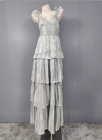 Vintage Dusty Sage A-Line V-Neck Satin Tiered Long Prom Dresses Evening Dresses
