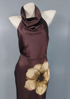 Vintage Elegant Dark Brown Printed Halter Neck Open Back Satin Long Prom Dresses Evening Dresses