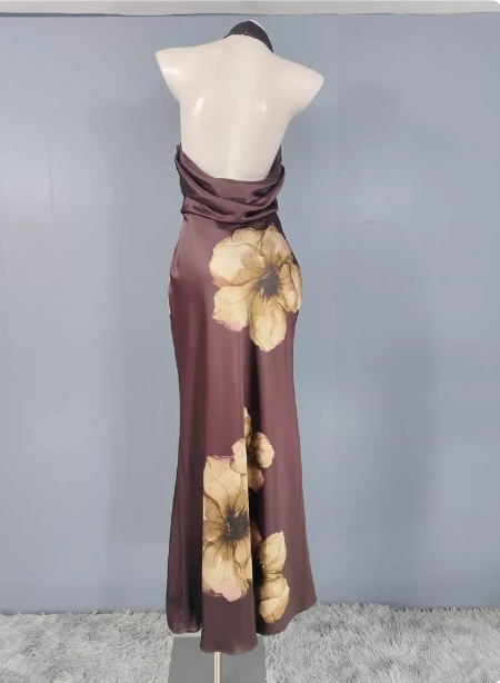 Vintage Elegant Dark Brown Printed Halter Neck Open Back Satin Long Prom Dresses Evening Dresses