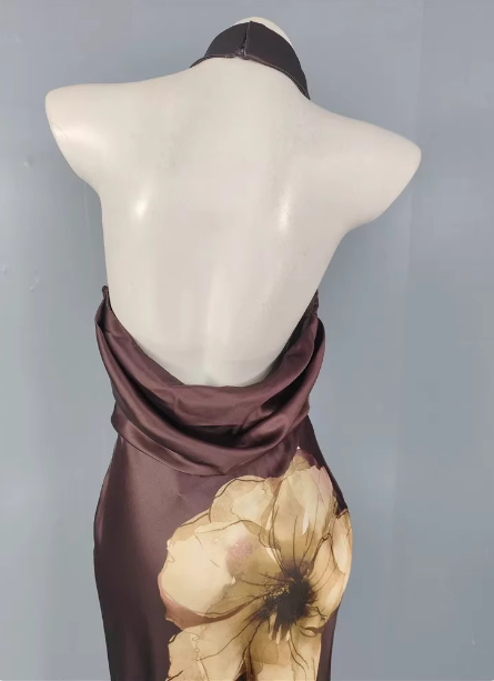 Vintage Elegant Dark Brown Printed Halter Neck Open Back Satin Long Prom Dresses Evening Dresses