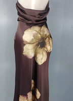 Vintage Elegant Dark Brown Printed Halter Neck Open Back Satin Long Prom Dresses Evening Dresses