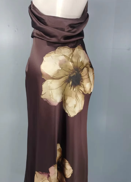Vintage Elegant Dark Brown Printed Halter Neck Open Back Satin Long Prom Dresses Evening Dresses