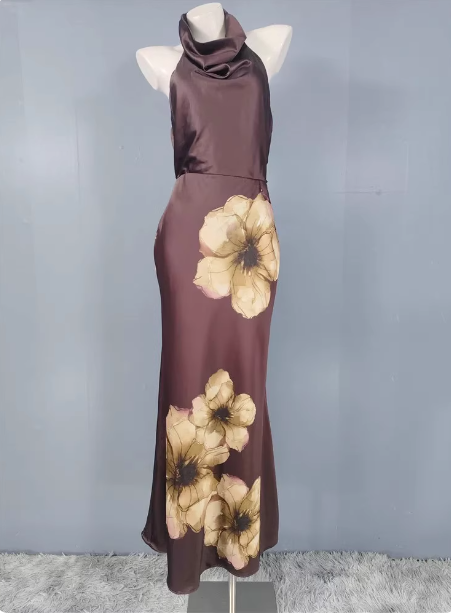 Vintage Elegant Dark Brown Printed Halter Neck Open Back Satin Long Prom Dresses Evening Dresses Main image