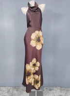 Vintage Elegant Dark Brown Printed Halter Neck Open Back Satin Long Prom Dresses Evening Dresses