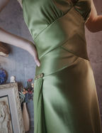Vintage Elegant Green Deep V-Neck Satin Prom Dresses Evening Dresses