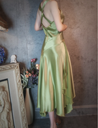 Vintage Elegant Green Deep V-Neck Satin Prom Dresses Evening Dresses