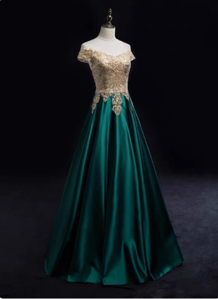 Vintage Emerald Green A-Line Off-The-Shoulder Lace Satin Long Prom Dresses Evening Dresses Secondary image