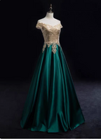 Vintage Emerald Green A-Line Off-The-Shoulder Lace Satin Long Prom Dresses Evening Dresses