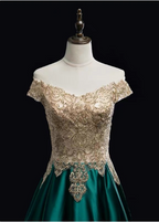 Vintage Emerald Green A-Line Off-The-Shoulder Lace Satin Long Prom Dresses Evening Dresses
