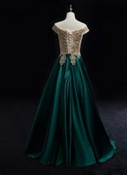 Vintage Emerald Green A-Line Off-The-Shoulder Lace Satin Long Prom Dresses Evening Dresses