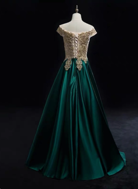 Vintage Emerald Green A-Line Off-The-Shoulder Lace Satin Long Prom Dresses Evening Dresses