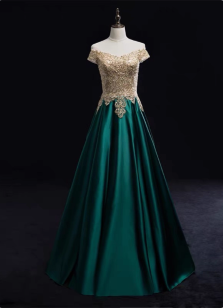 Vintage Emerald Green A-Line Off-The-Shoulder Lace Satin Long Prom Dresses Evening Dresses
