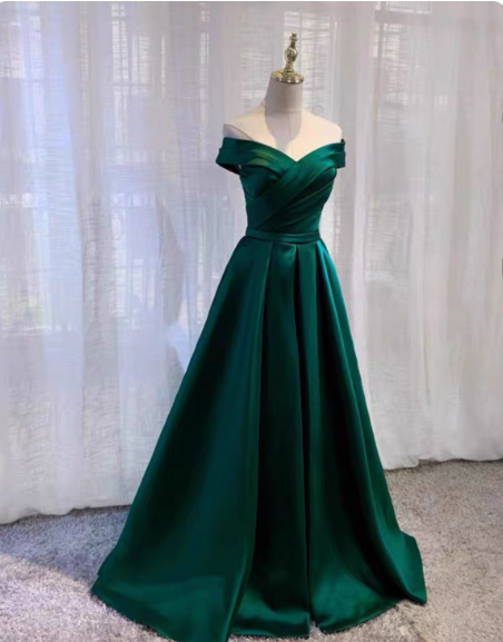 Vintage Emerald Green A-Line Off-The-Shoulder Satin Long Prom Dresses Evening Dresses Secondary image