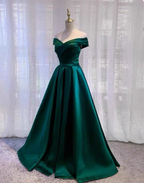 Vintage Emerald Green A-Line Off-The-Shoulder Satin Long Prom Dresses Evening Dresses