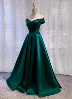 Vintage Emerald Green A-Line Off-The-Shoulder Satin Long Prom Dresses Evening Dresses