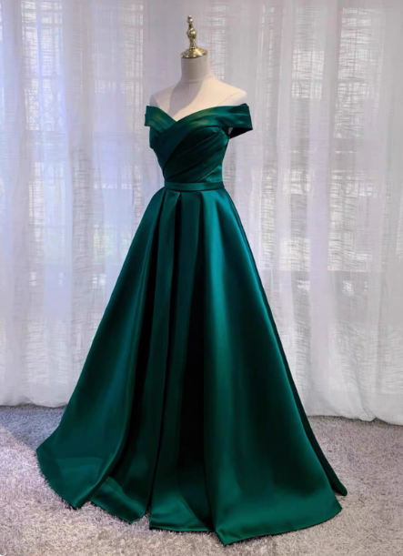 Vintage Emerald Green A-Line Off-The-Shoulder Satin Long Prom Dresses Evening Dresses