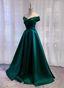 Vintage Emerald Green A-Line Off-The-Shoulder Satin Long Prom Dresses Evening Dresses