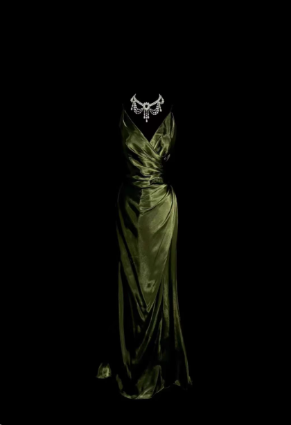 Vintage Emerald Green V-Neck Ruffled Satin Long Prom Dresses Evening Dresses Main image