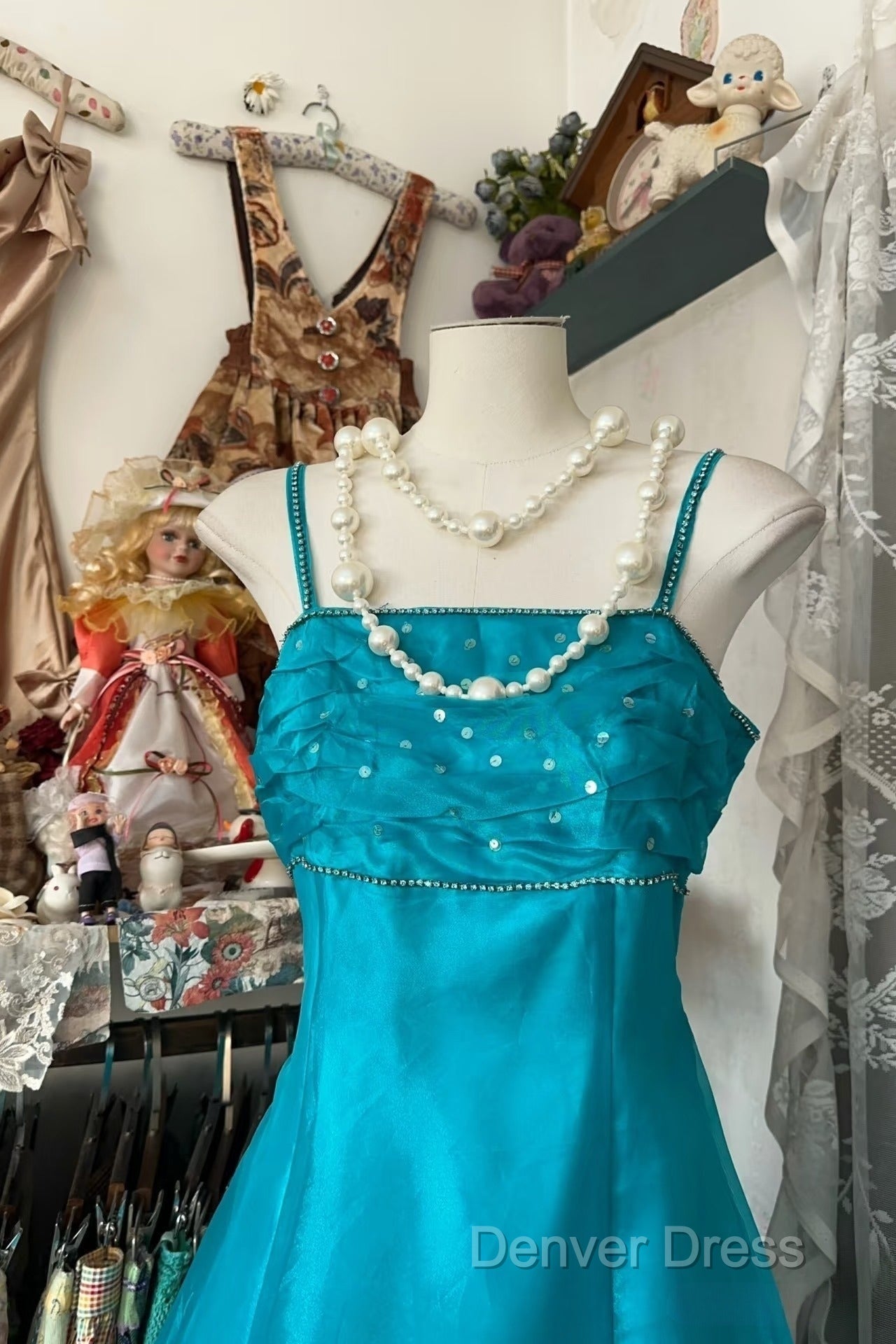 Vintage Fashion A Line Spaghetti Straps Blue Floor Length Prom Dress Secondary image