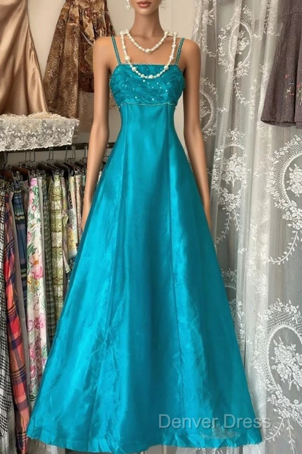 Vintage Fashion A Line Spaghetti Straps Blue Floor Length Prom Dress Main image