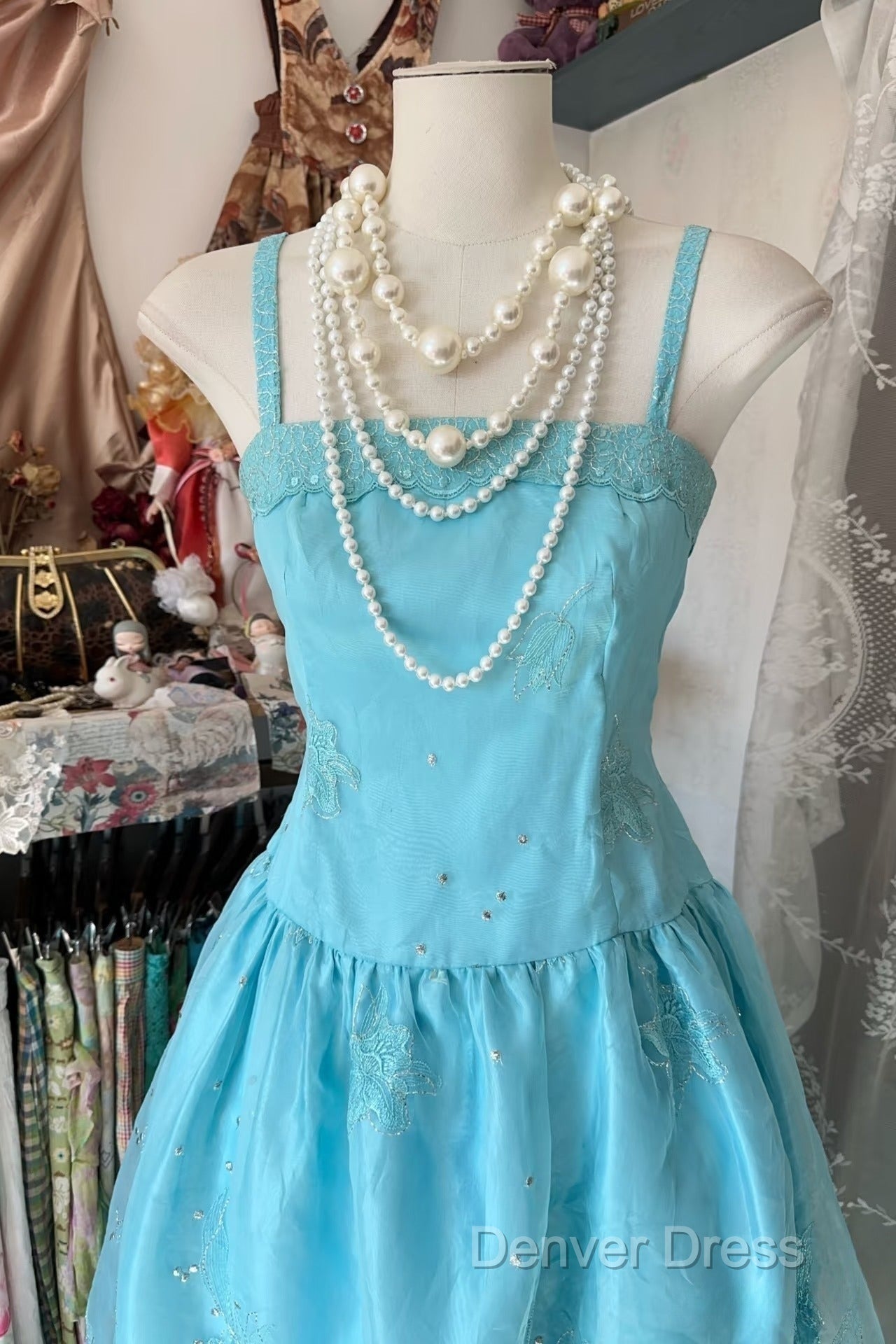 Vintage Fashion A Line Spaghetti Straps Light Blue Floor Length Prom Dress Secondary image